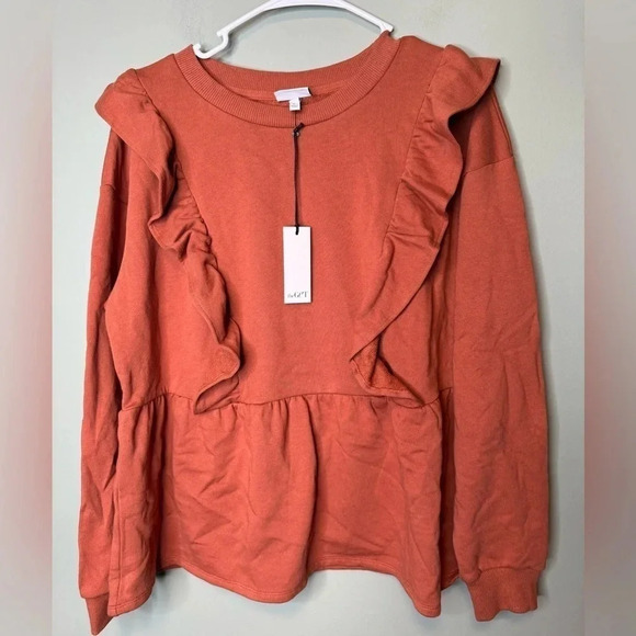the GET NWT Women’s Ruffled Pedlum Orange Sweatshirt Large - Picture 1 of 7